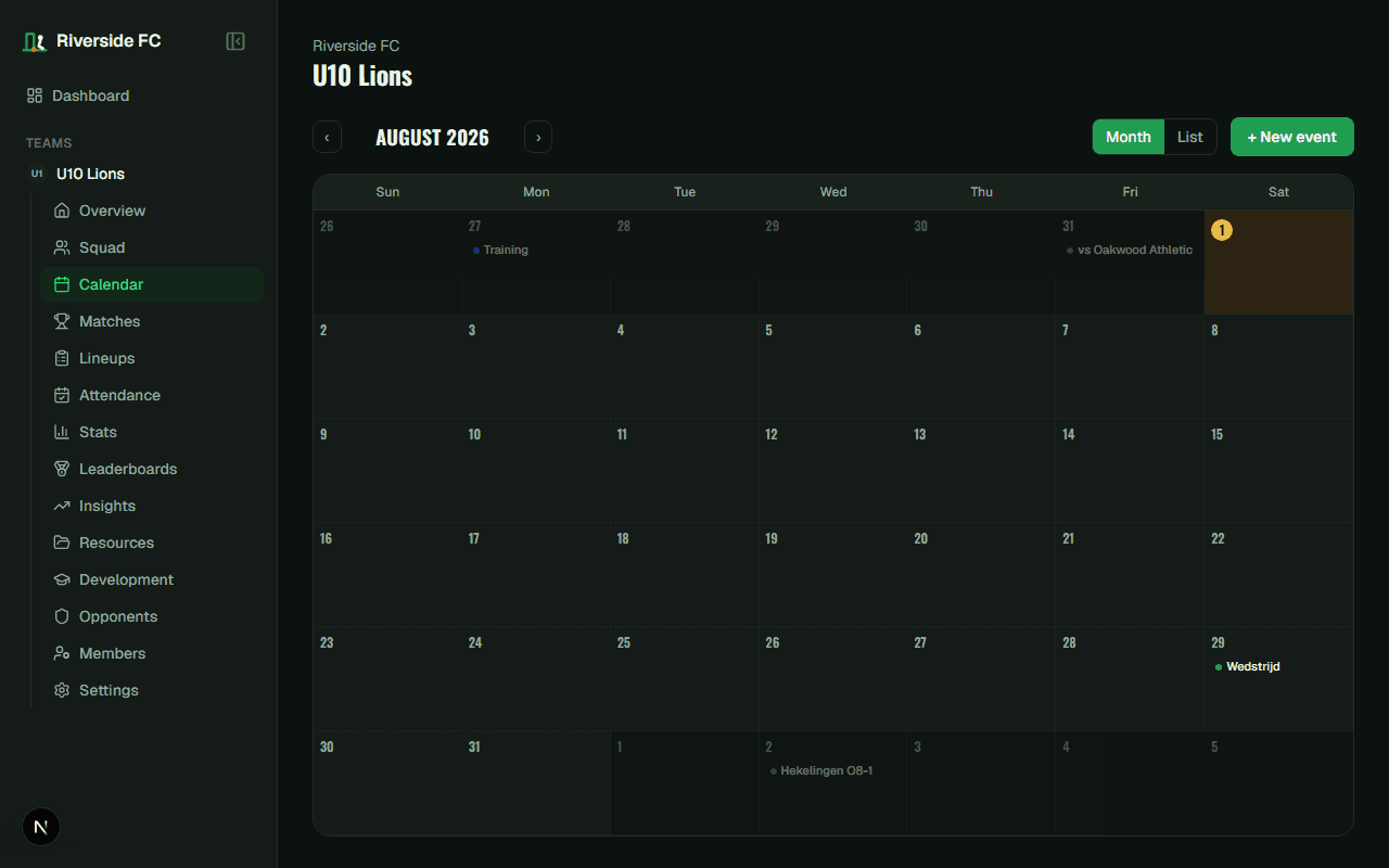 Monthly calendar view showing scheduled trainings and matches